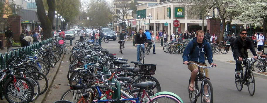 Bikes near the University of Oregon campus, just one form of public transportation.
