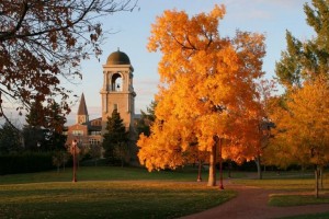 Trees in front of Buchtel Tower at University of Denver.