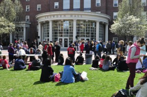 Students sit outside Snowden Hall at the Johnson and Wales University Providence campus.