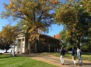 Students walking inside Principia College campus.