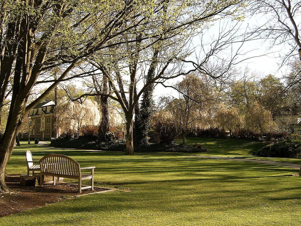 Campus lawn of Whitman College during summertime.