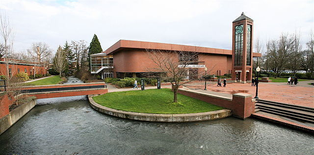 Mark Hatfield Library and stream on the campus of Willamette University.