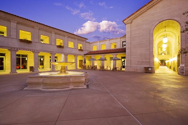Pomona College Campus Center at dusk.