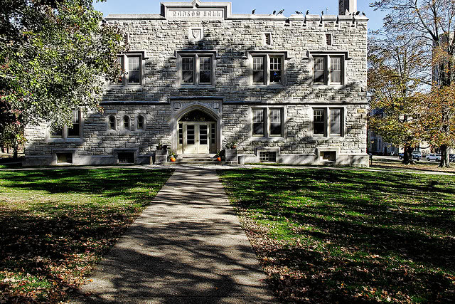 Leaves scattered around the lawn of Ransom Hall in Kenyon College.