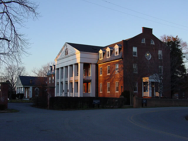 Calvert Hall of St. Mary's College of Maryland on a late fall evening.