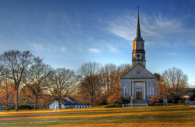Harkness Chapel on the campus of Connecticut College during autumn.