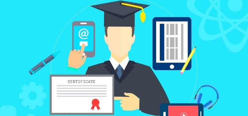 An illustration of a student with a certificate.
