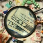 A magnifying glass pointed towards many items, with twenty dollar bills magnified.