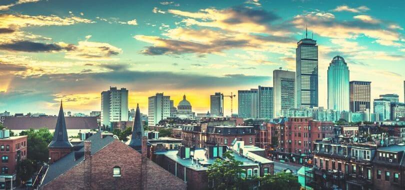 Downtown Boston at sunset.