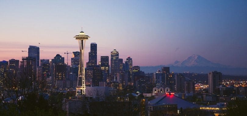 Downtown Seattle at sunset.