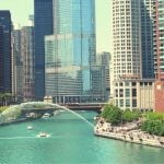 A picture of downtown Chicago with the river running through the city.