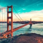 The Golden Gate Bridge at sunrise.