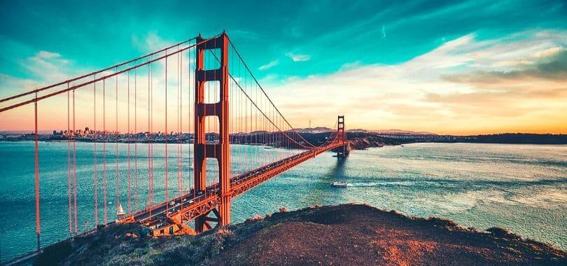 The Golden Gate Bridge at sunrise.