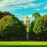 Johns Hopkins University behind trees and a grassy field.