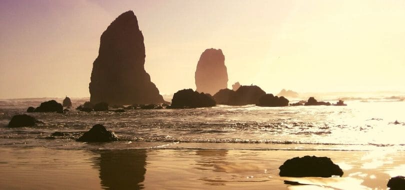 Cannon Beach in Oregon at sunset.