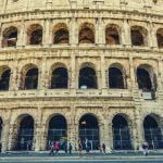 A close-up shot of the Roman Colosseum.