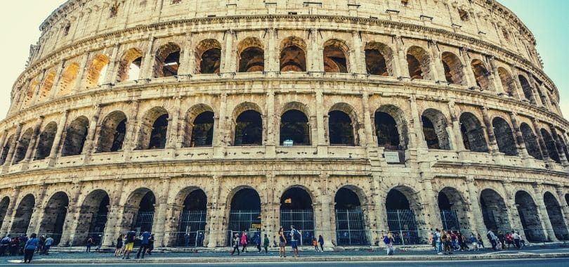 A close-up shot of the Roman Colosseum.