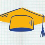A gold and blue drawing of a graduation cap.