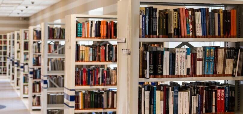 A row of beige bookshelves.
