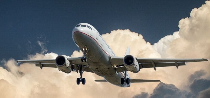 A large commercial jet taking off.