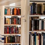 A row of beige bookshelves.