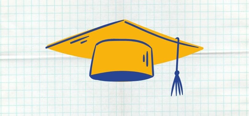 A gold and blue drawing of a graduation cap.