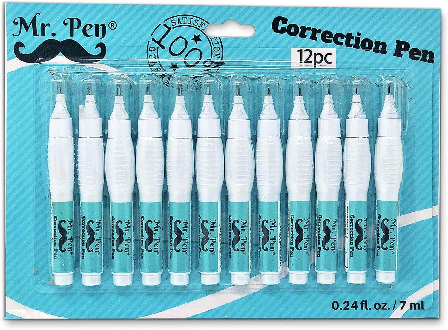 A 12-pack of blue and white correction pens.