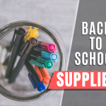 Colorful pens inside a jar. Overlay text says "Back to school supplies."