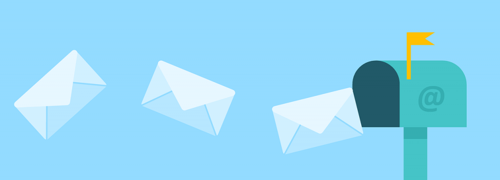 Three white envelopes flying out of a blue mailbox.