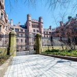 Looking through the entry gate at Yale University's main building.