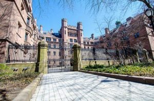 Looking through the entry gate at Yale University's main building.