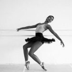 A black and white picture of a ballerina.