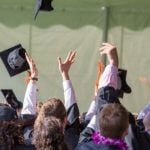 Graduating students throwing their caps in the air.