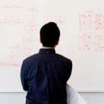 A student standing in front of a whiteboard with their back facing the camera.