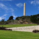 Pepperdine University entrance with tower in the background.