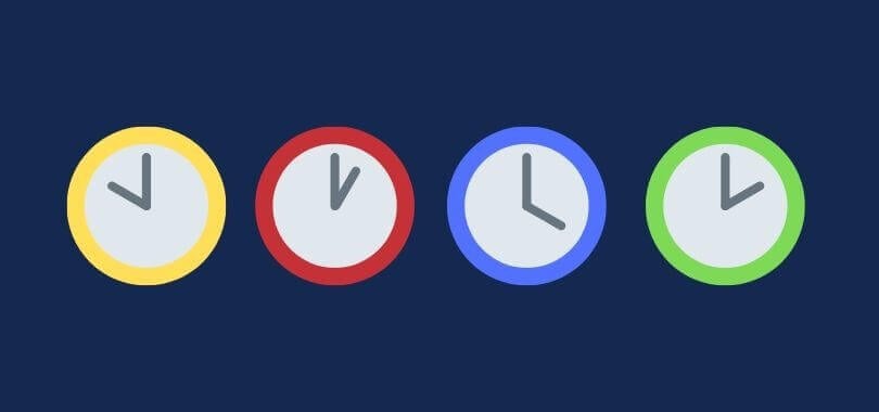 Four different colored clock icons on a navy background.