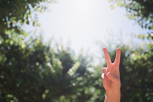 Raising hand peace sign against the trees.