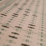 Multiple choice test sheet with shaded answers.