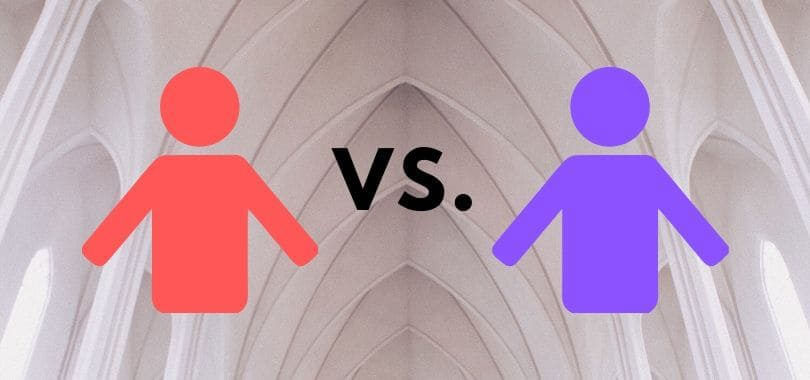 A red icon of a person next to a purple icon of a person with 