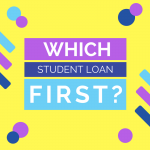 Yellow background with purple and blue geometric designs and text that says "Which loan first?"