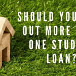 A small house made out of wooden blocks on grass, with text overlayed that says "should you take out more than one student loan?"