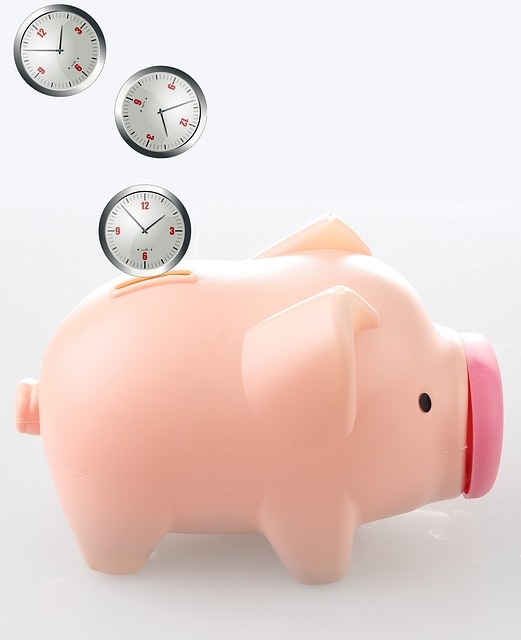 Three clocks dropping to a piggy bank represents saving time.