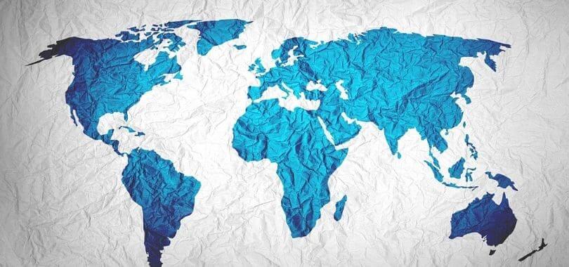 A blue map of the world.
