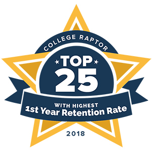 A gold star badge that says "College Raptor Top 25 with Highest 1st Year Retention Rate 2018."