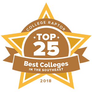 A gold star badge that says "College Raptor Top 25 Best Colleges in the Southeast 2018."