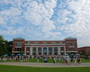 Students gathering outside at Vanderbilt University.