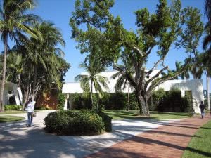 2 students walking around the University of Miami campus. 