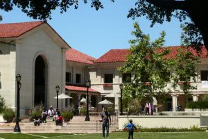 A campus building with stairs at Pomona College.