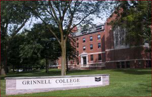 Grinnell College campus entrance in summer.