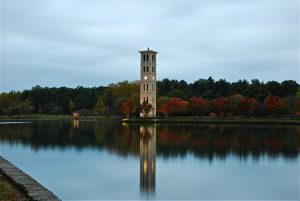 Furman University Bell Tower with the lake in the foreground.